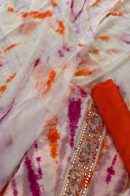Organza Tie & Die Purple Unstitched Suit Set With Hand Embroidery