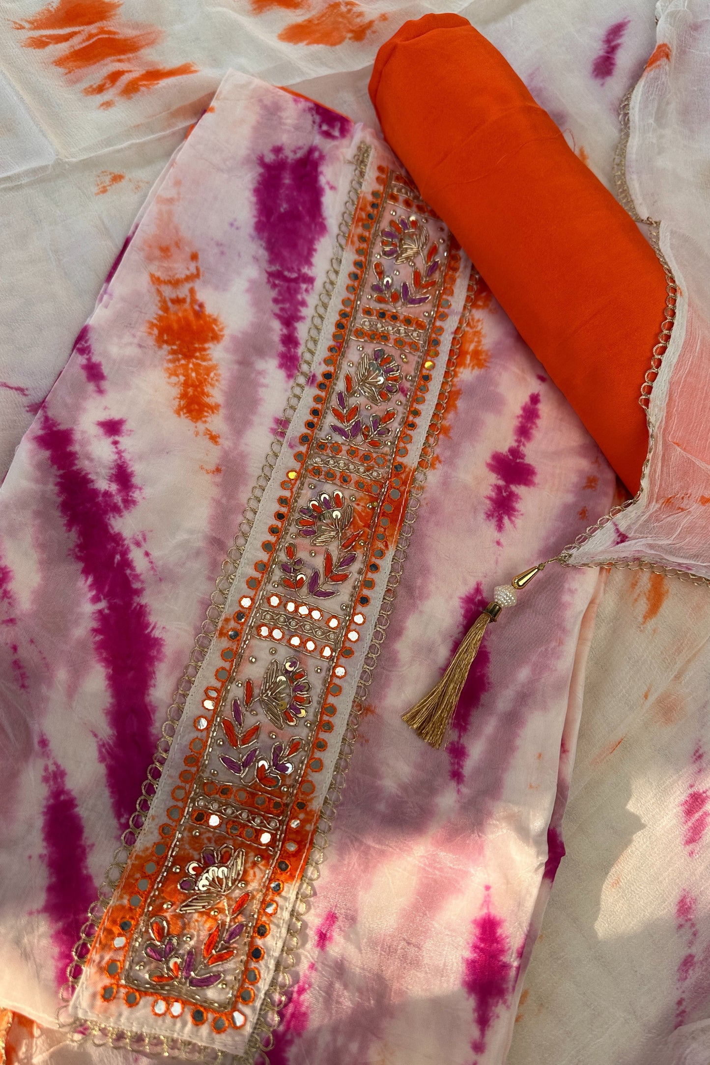 Organza Tie & Die Purple Unstitched Suit Set With Hand Embroidery