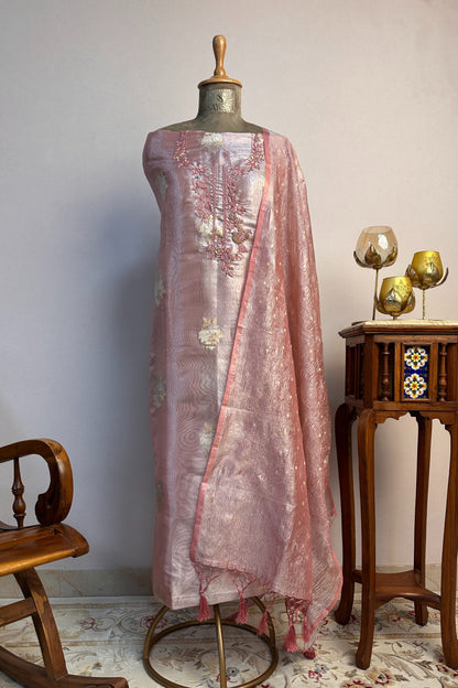 Pink Organza Tissue  hand embroidered Unstitched Suit with crushed organza dupatta
