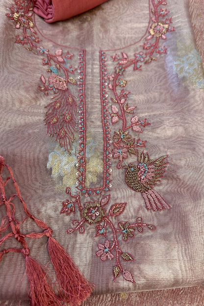 Pink Organza Tissue  hand embroidered Unstitched Suit with crushed organza dupatta