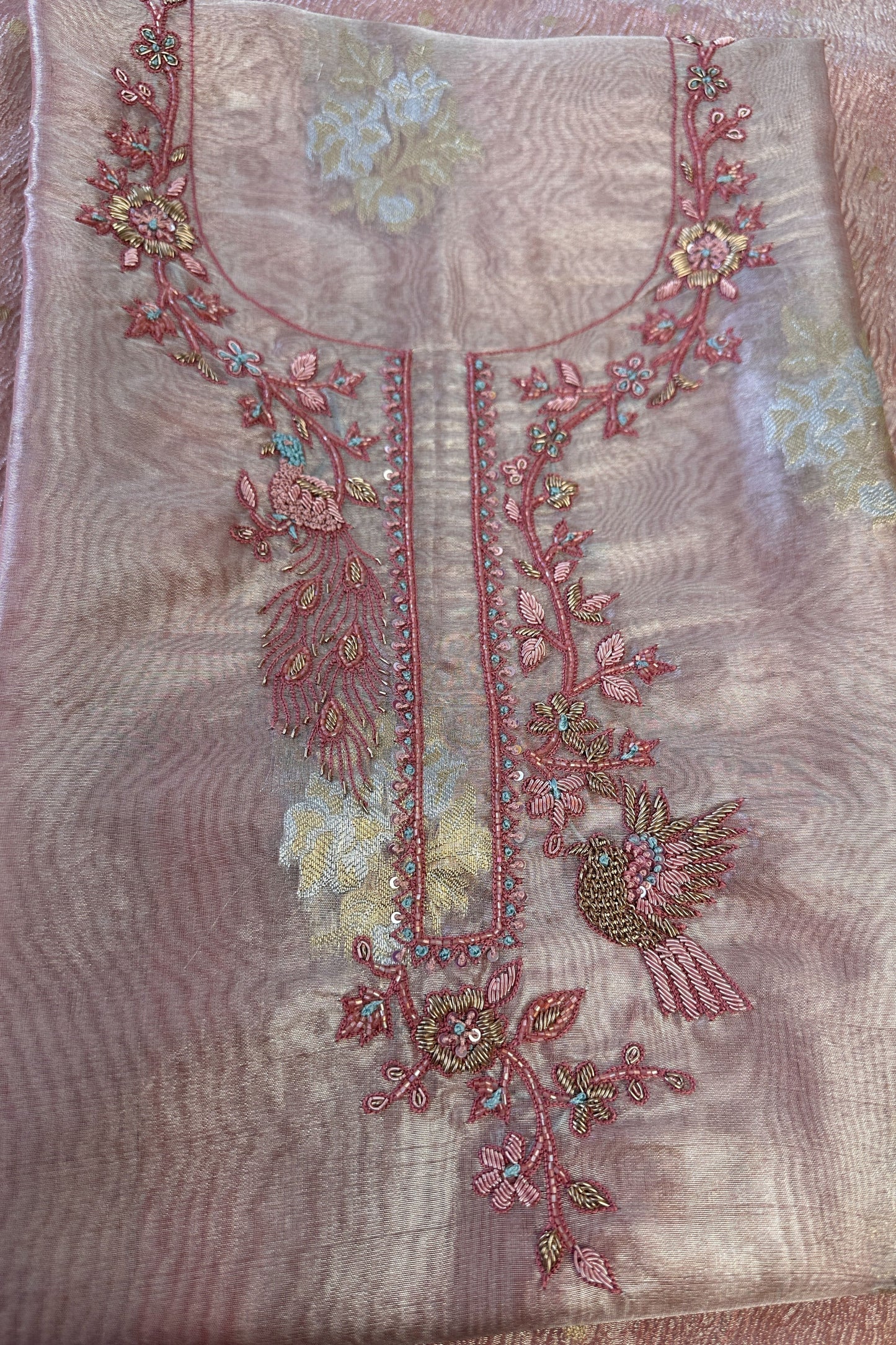 Pink Organza Tissue  hand embroidered Unstitched Suit with crushed organza dupatta