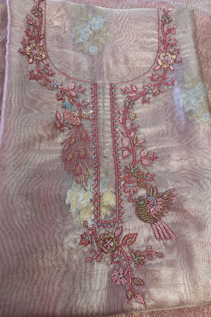 Pink Organza Tissue  hand embroidered Unstitched Suit with crushed organza dupatta
