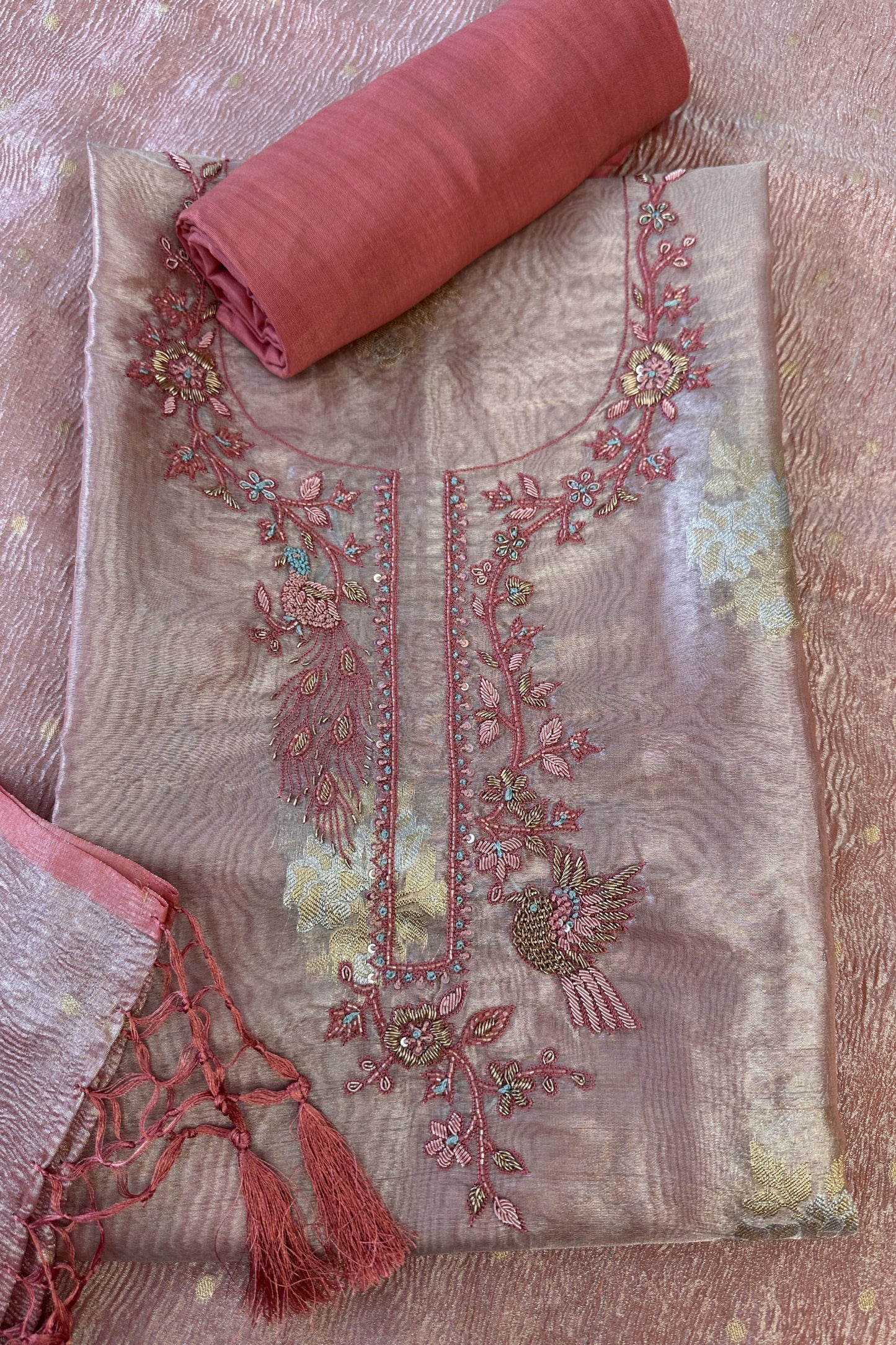 Pink Organza Tissue  hand embroidered Unstitched Suit with crushed organza dupatta