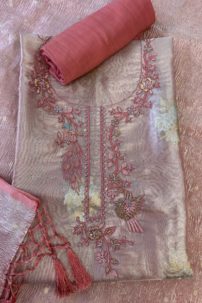Pink Organza Tissue  hand embroidered Unstitched Suit with crushed organza dupatta