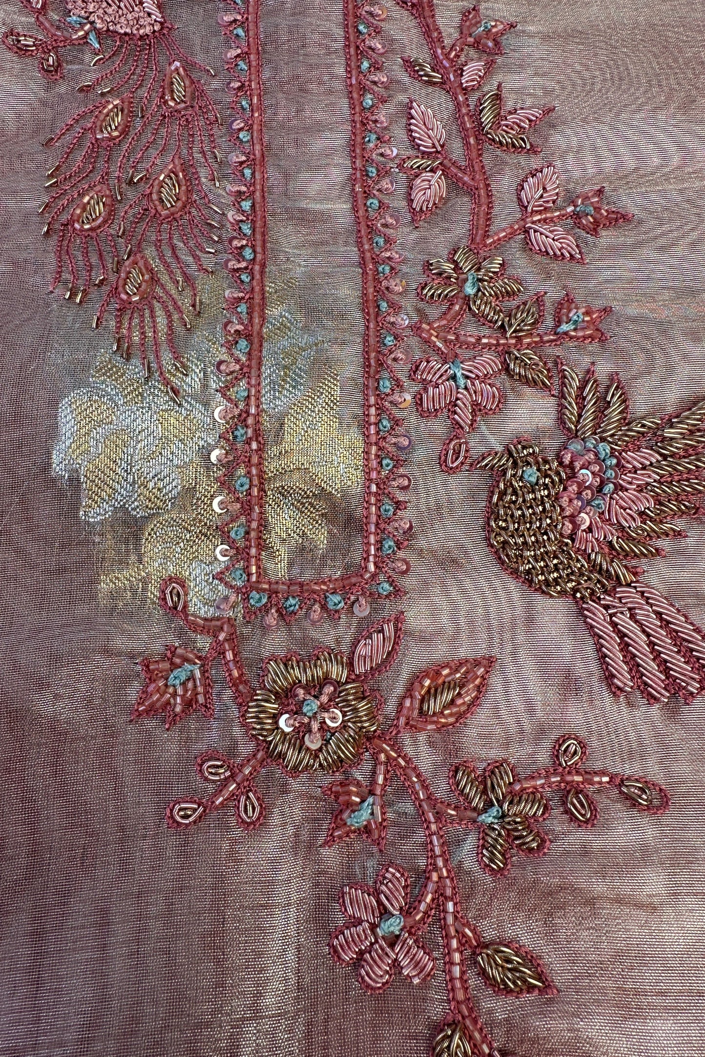 Pink Organza Tissue  hand embroidered Unstitched Suit with crushed organza dupatta