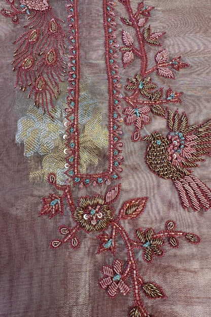 Pink Organza Tissue  hand embroidered Unstitched Suit with crushed organza dupatta