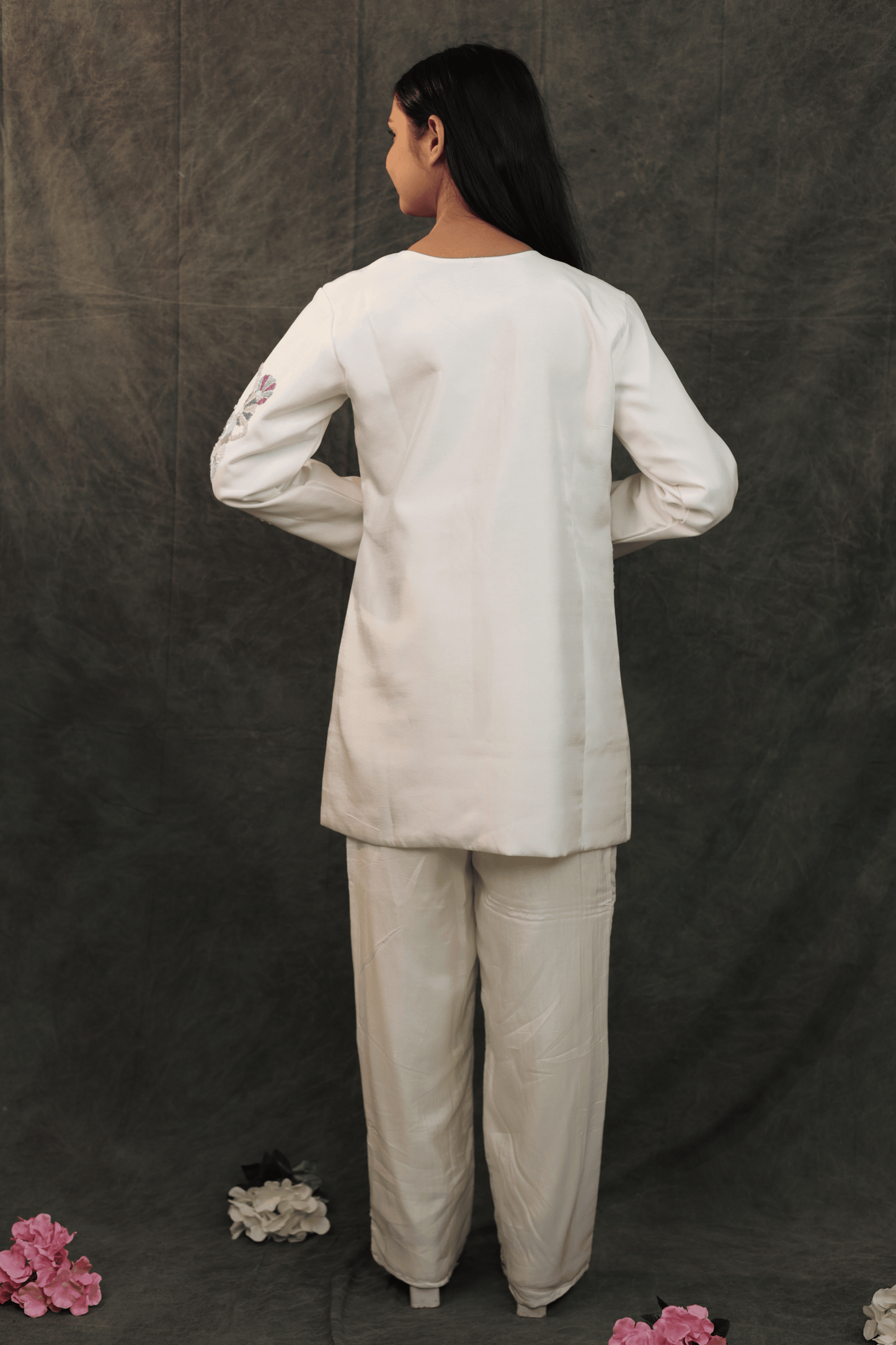 Pastel hand embroidered dola silk designer Co-ord set