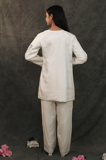 Pastel hand embroidered dola silk designer Co-ord set