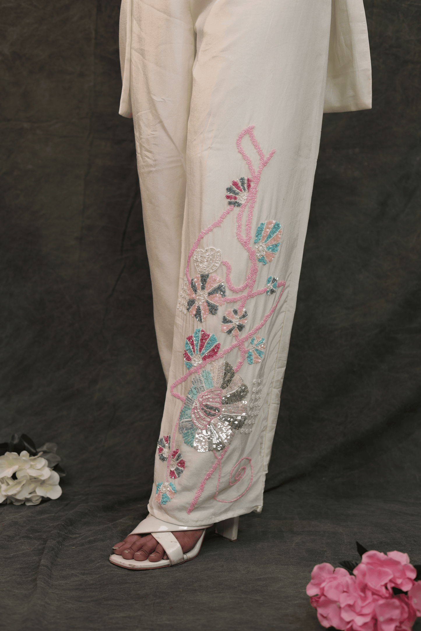 Pastel hand embroidered dola silk designer Co-ord set