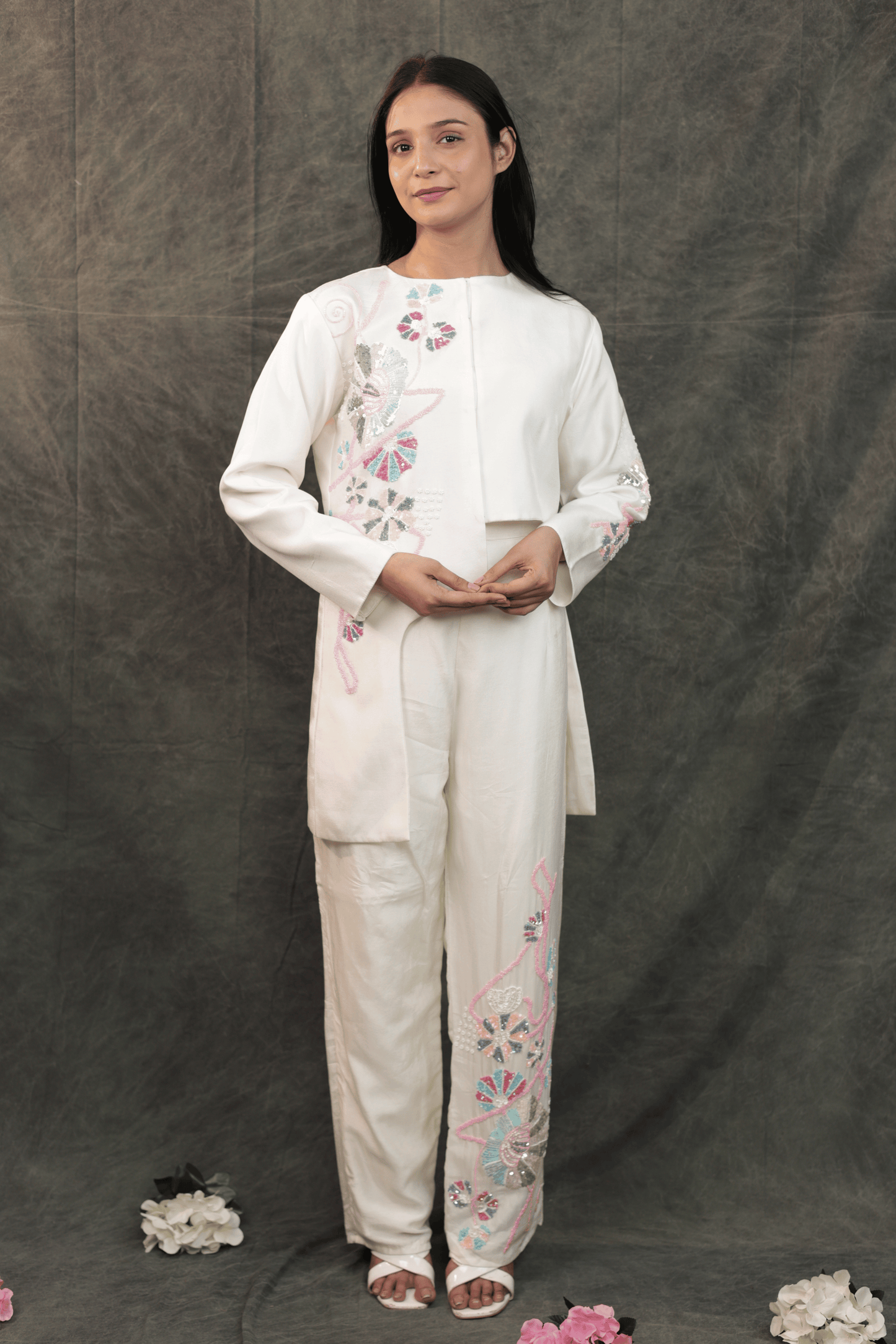 Pastel hand embroidered dola silk designer Co-ord set