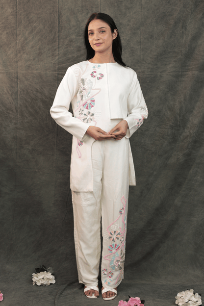 Pastel hand embroidered dola silk designer Co-ord set