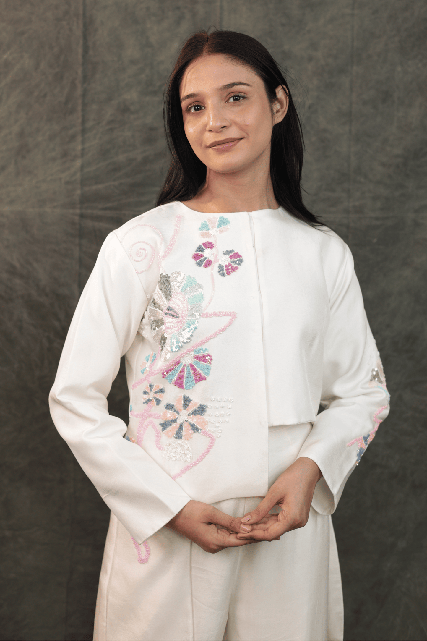 Pastel hand embroidered dola silk designer Co-ord set