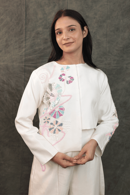 Pastel hand embroidered dola silk designer Co-ord set