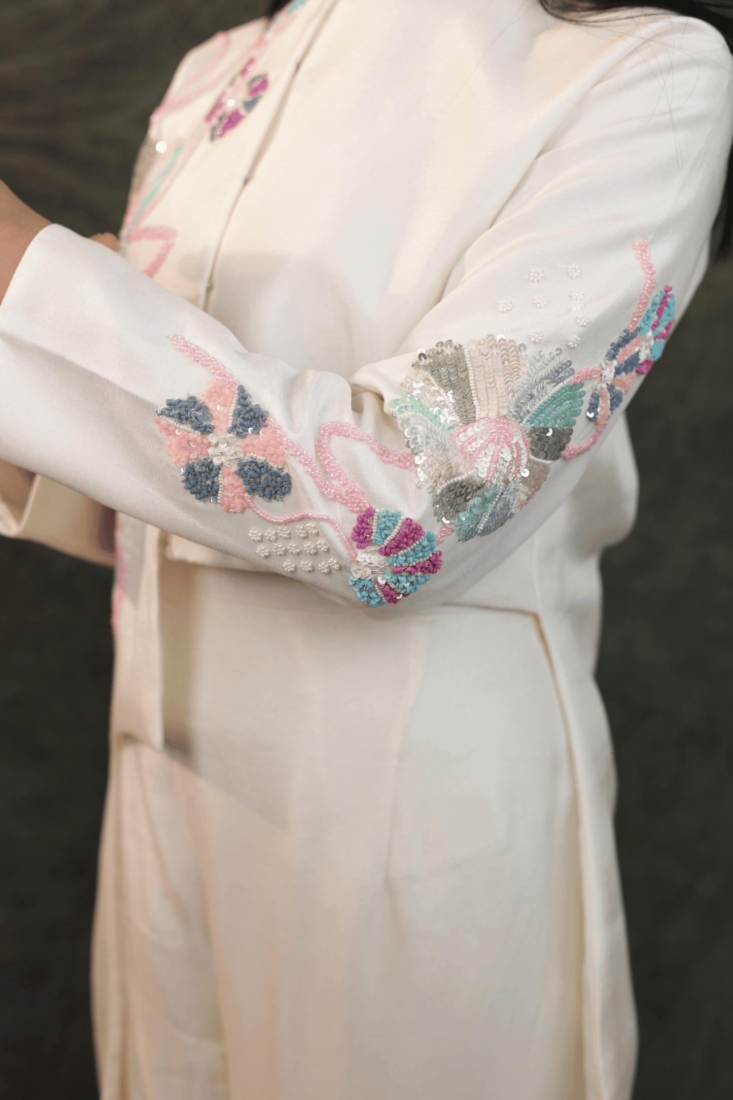 Pastel hand embroidered dola silk designer Co-ord set