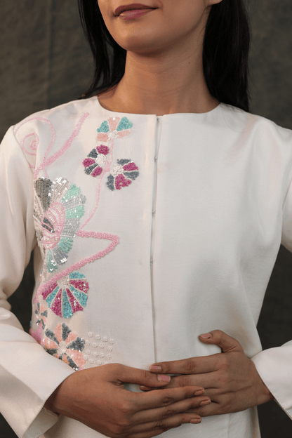 Pastel hand embroidered dola silk designer Co-ord set