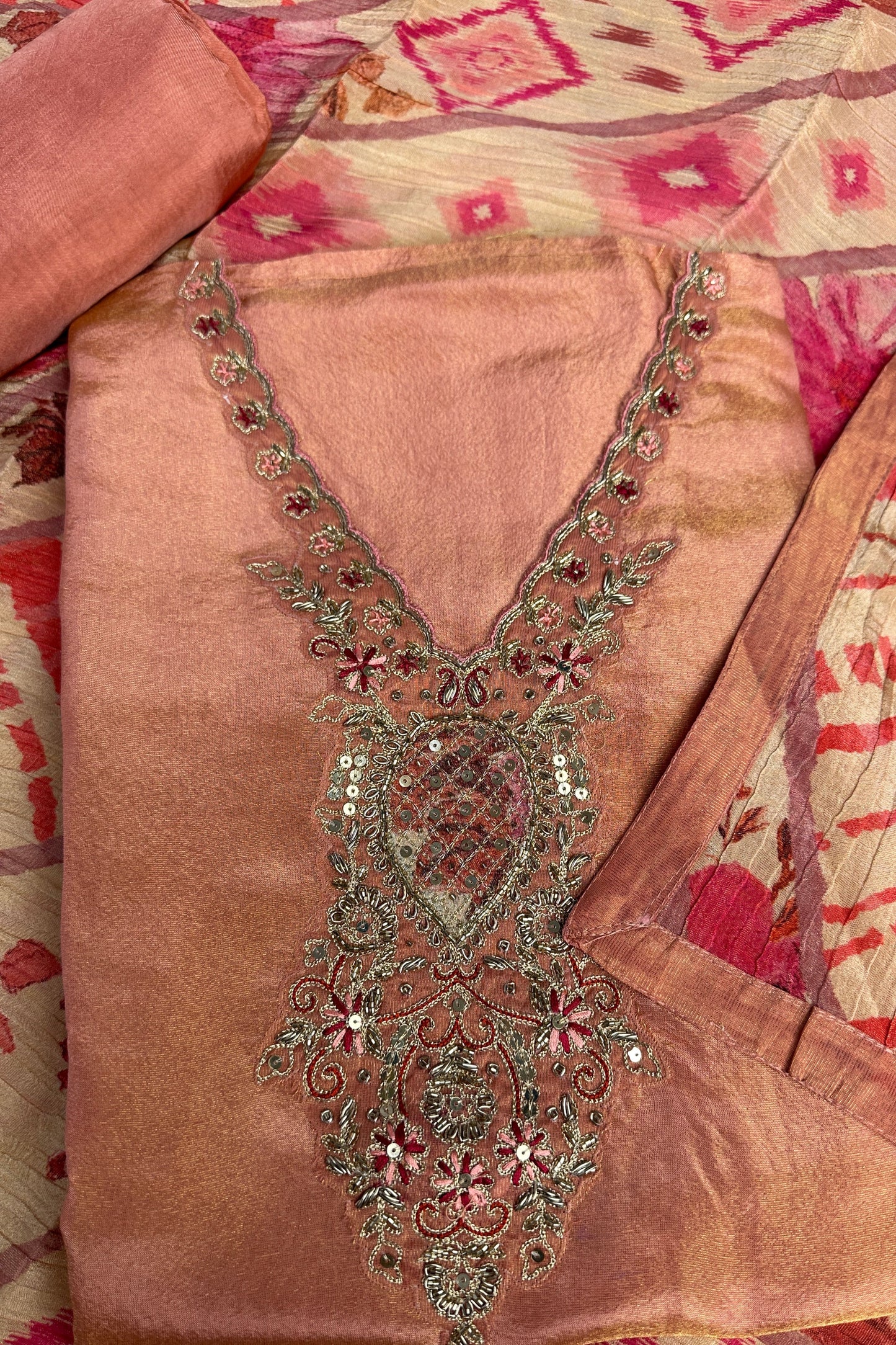 Tissue Silk Peach Shaded Hand Embroidered Sequin Detailed Unstitched Suit Set