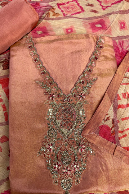 Tissue Silk Peach Shaded Hand Embroidered Sequin Detailed Unstitched Suit Set
