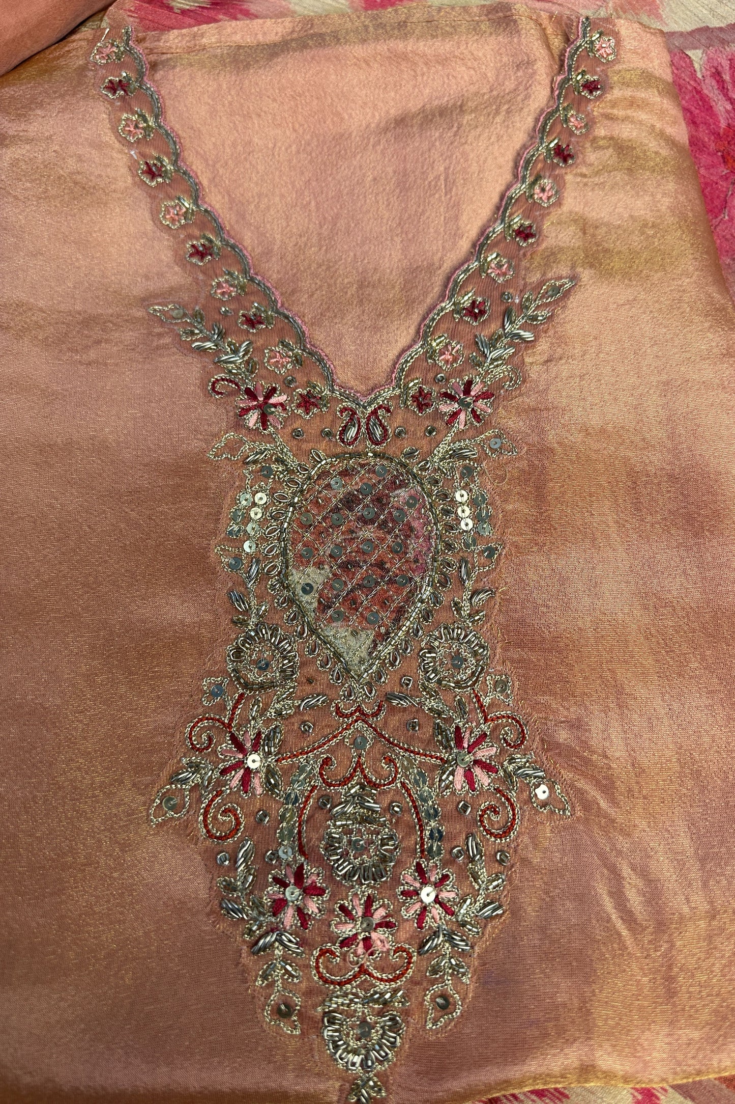 Tissue Silk Peach Shaded Hand Embroidered Sequin Detailed Unstitched Suit Set