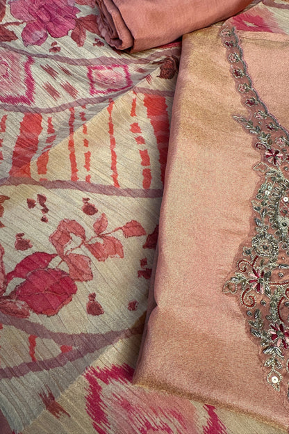 Tissue Silk Peach Shaded Hand Embroidered Sequin Detailed Unstitched Suit Set