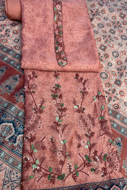 Peach Toned Cotton Silk Hand Embroidered Unstitched Suit Set