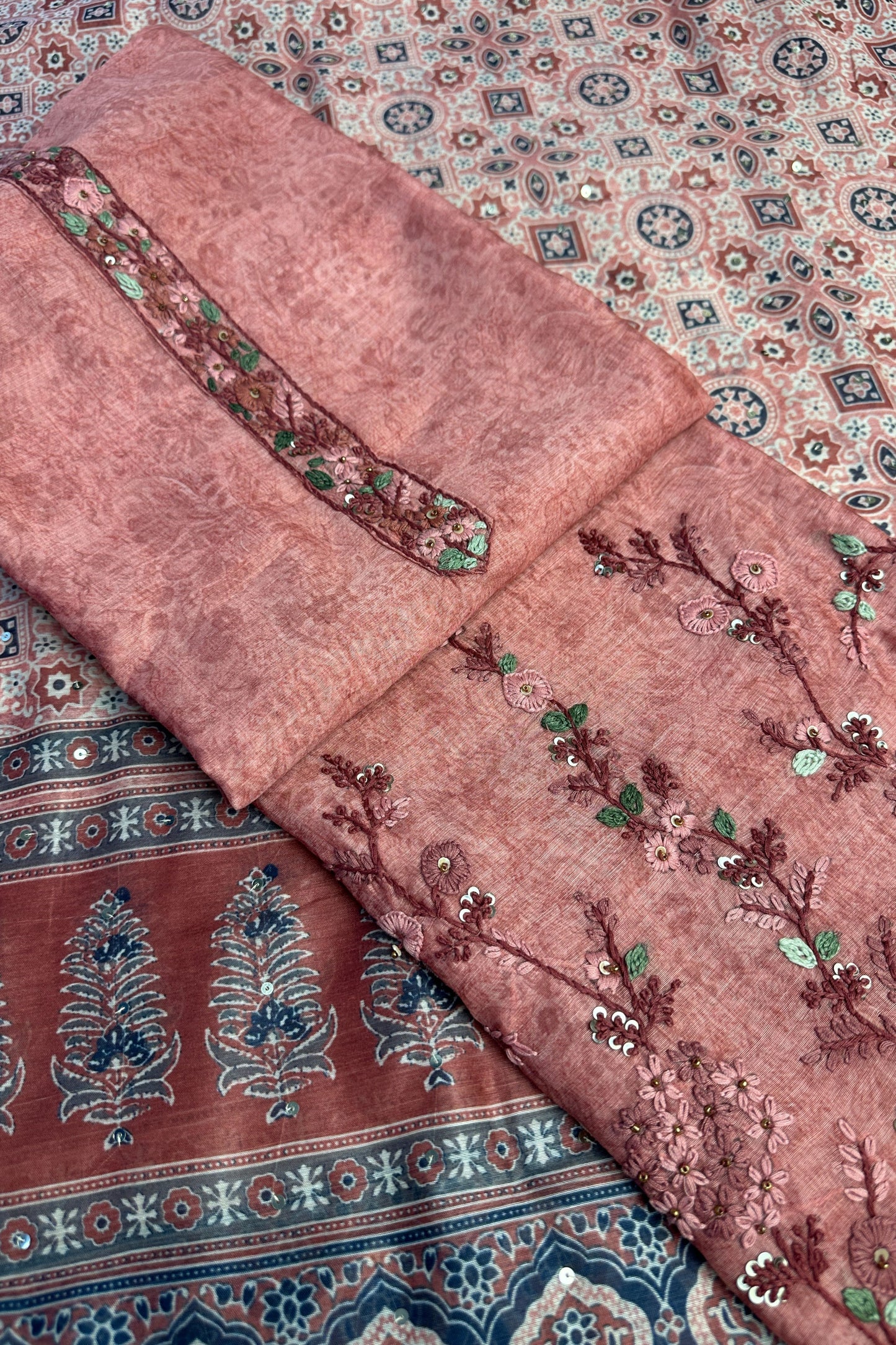 Peach Toned Cotton Silk Hand Embroidered Unstitched Suit Set