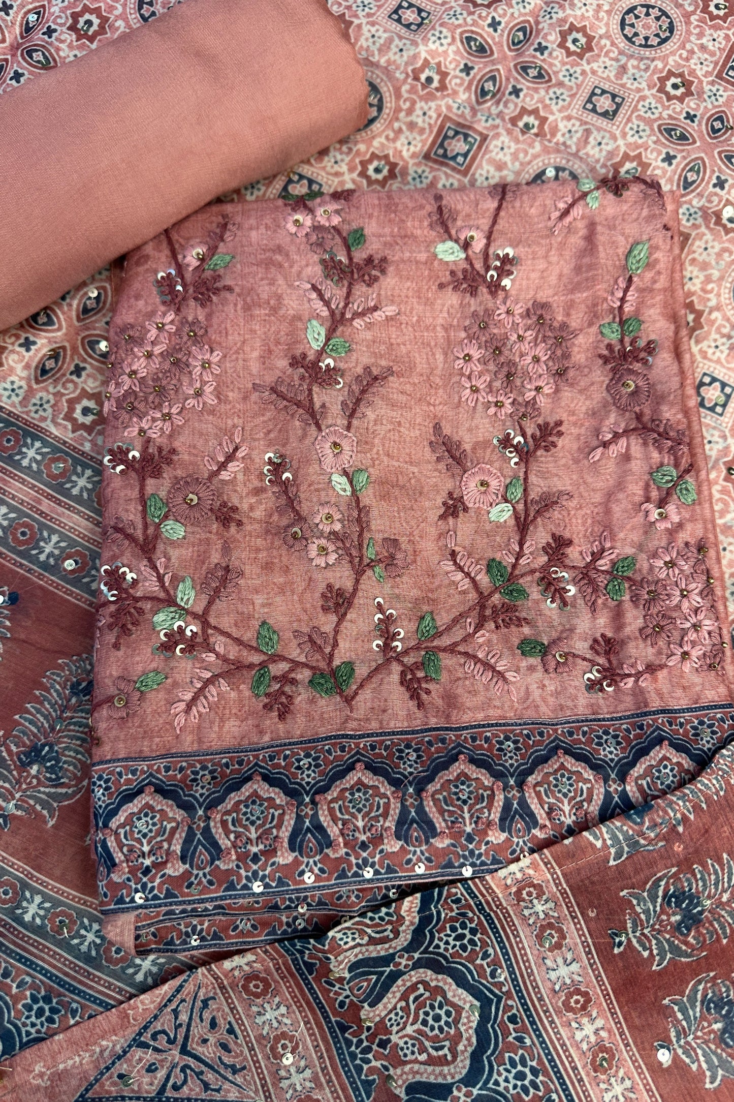 Peach Toned Cotton Silk Hand Embroidered Unstitched Suit Set