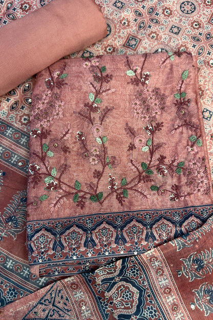 Peach Toned Cotton Silk Hand Embroidered Unstitched Suit Set