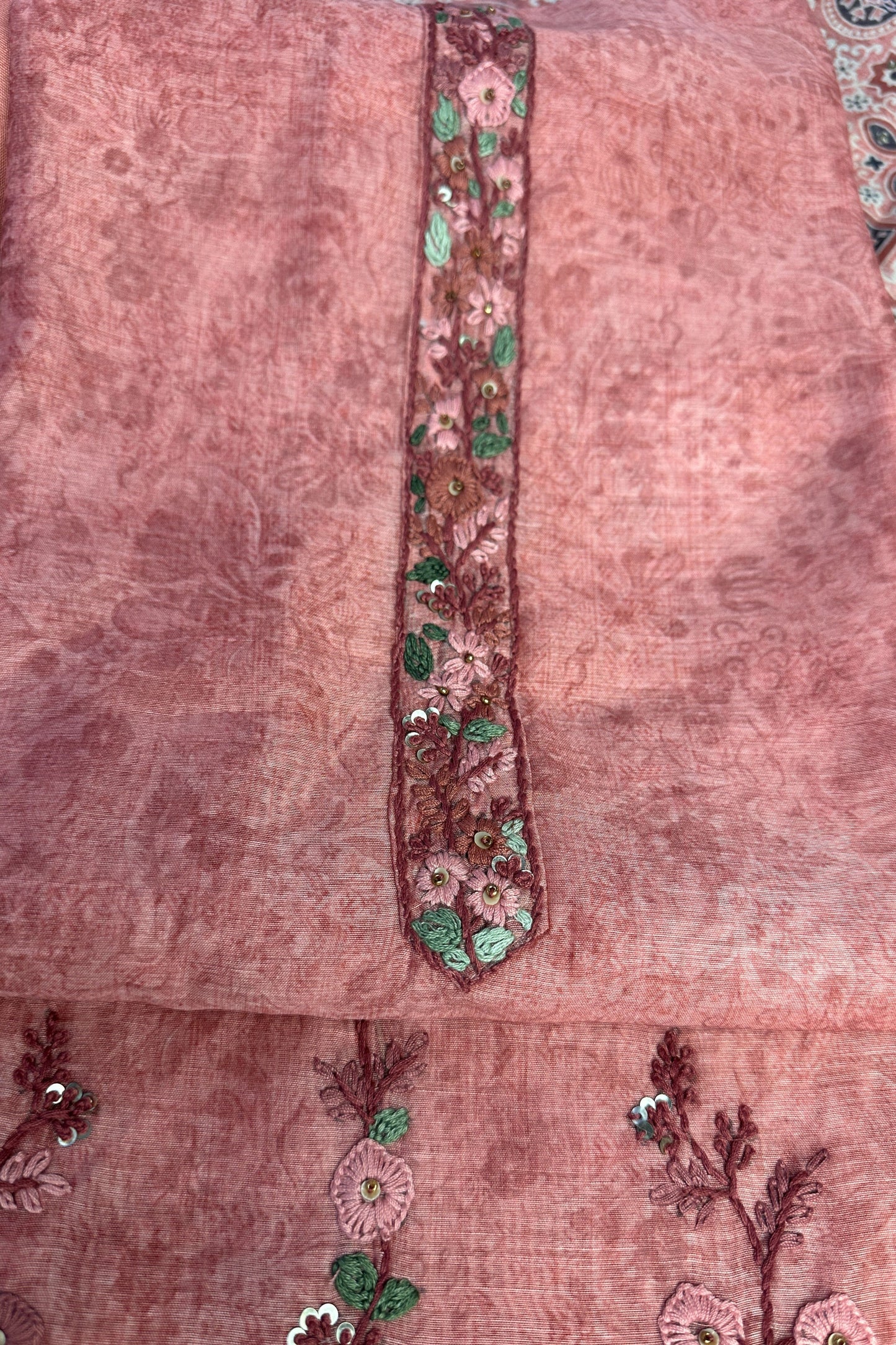 Peach Toned Cotton Silk Hand Embroidered Unstitched Suit Set