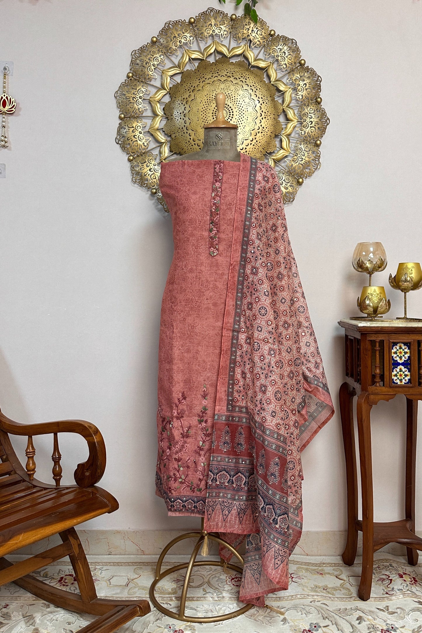 Peach Toned Cotton Silk Hand Embroidered Unstitched Suit Set