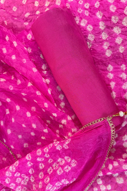Pink Bandhni Silk Unstitched Suit With Thread And Mirror Handwork