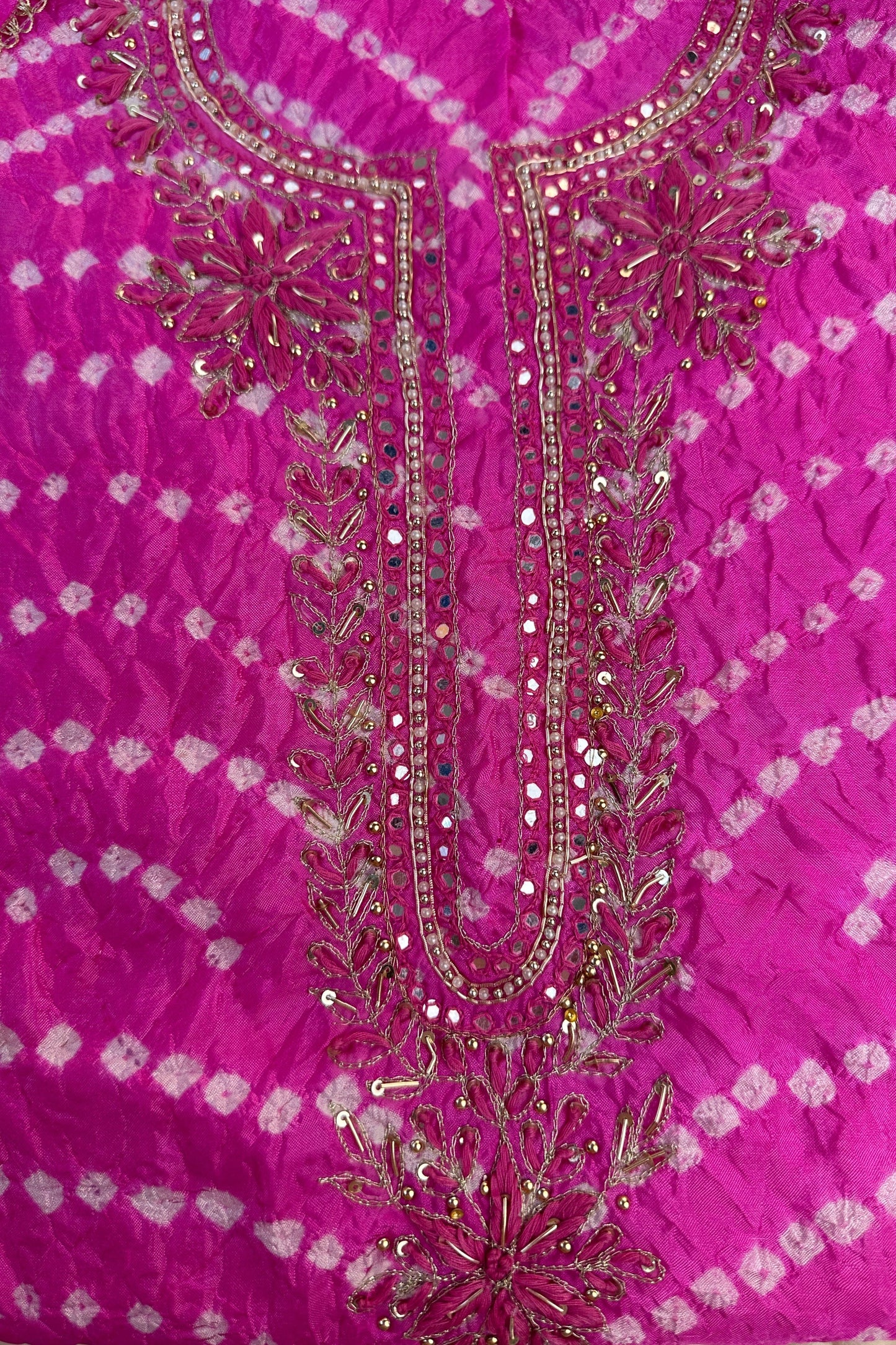 Pink Bandhni Silk Unstitched Suit With Thread And Mirror Handwork