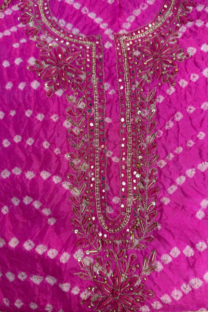 Pink Bandhni Silk Unstitched Suit With Thread And Mirror Handwork