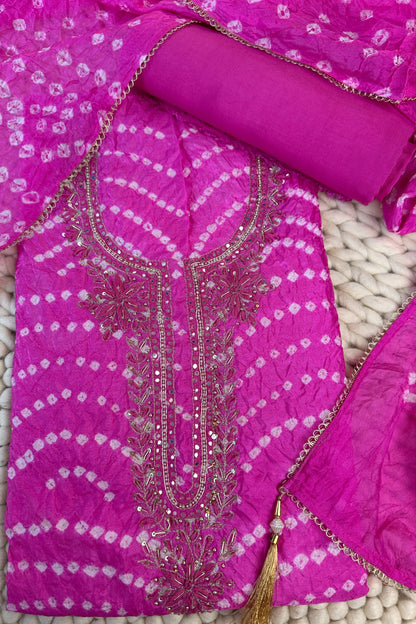 Pink Bandhni Silk Unstitched Suit With Thread And Mirror Handwork