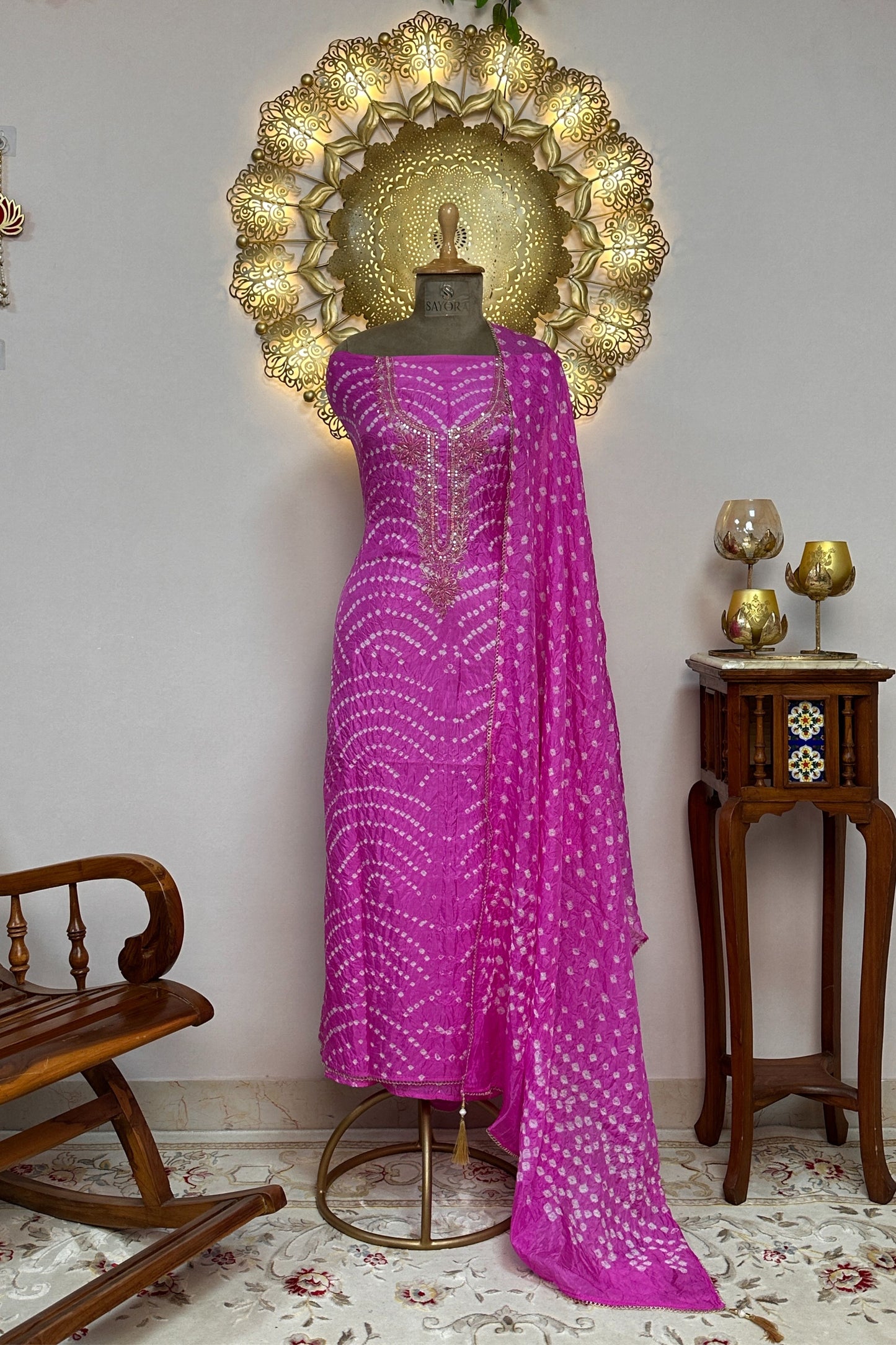Pink Bandhni Silk Unstitched Suit With Thread And Mirror Handwork