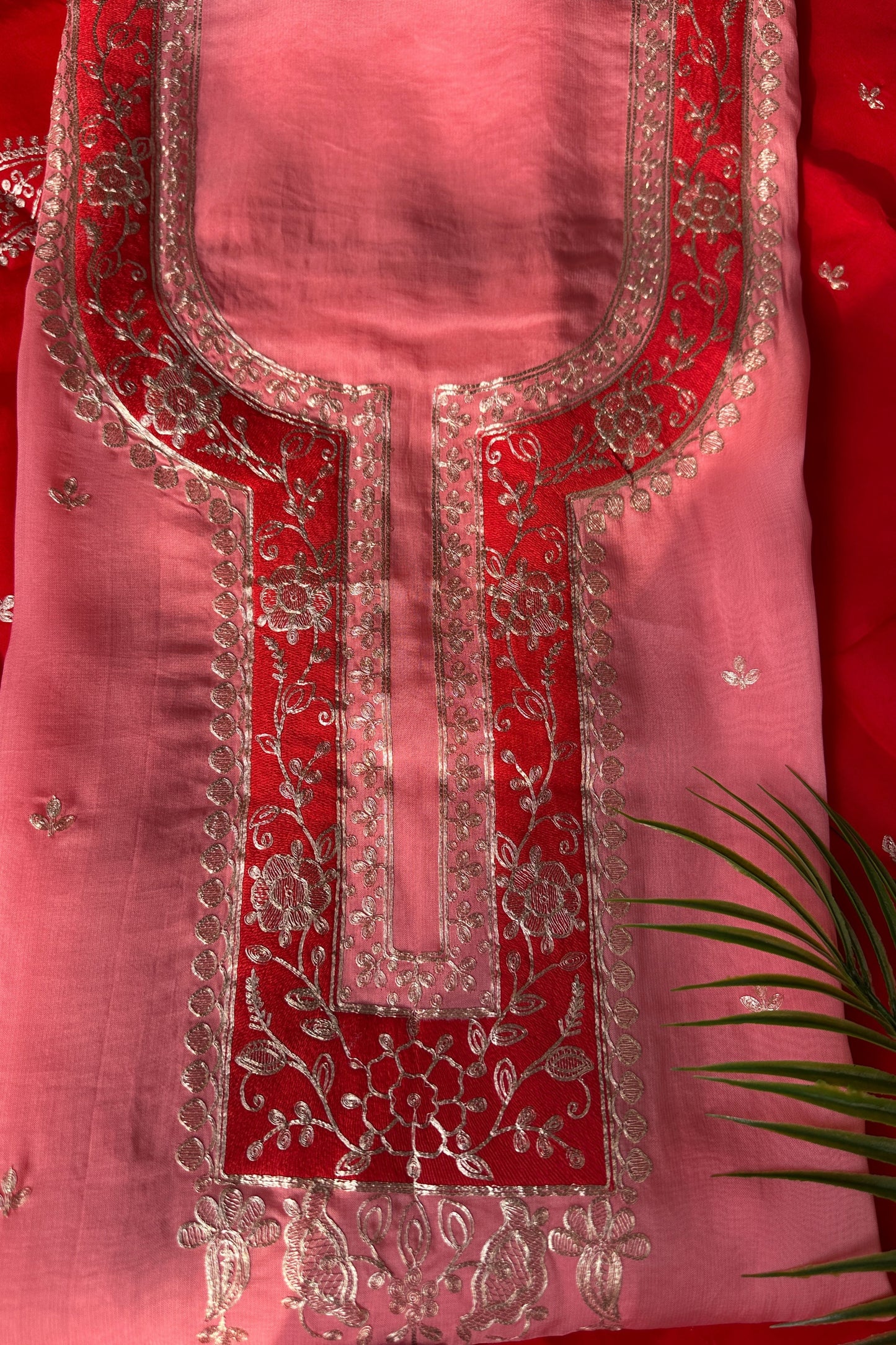 Pink Organza Pitta Work Unstitched Suit Set