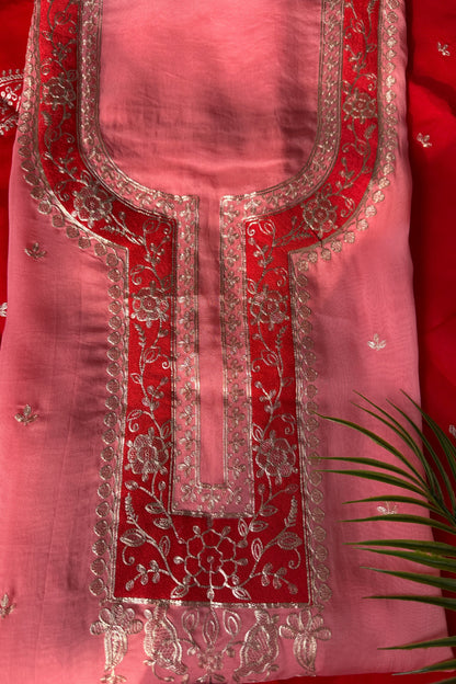 Pink Organza Pitta Work Unstitched Suit Set