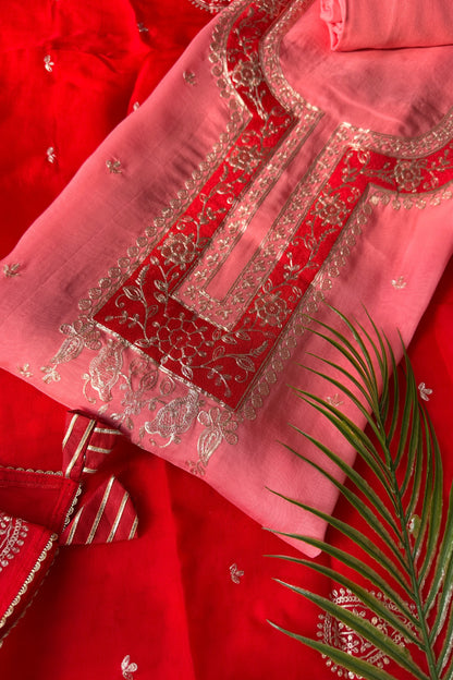 Pink Organza Pitta Work Unstitched Suit Set