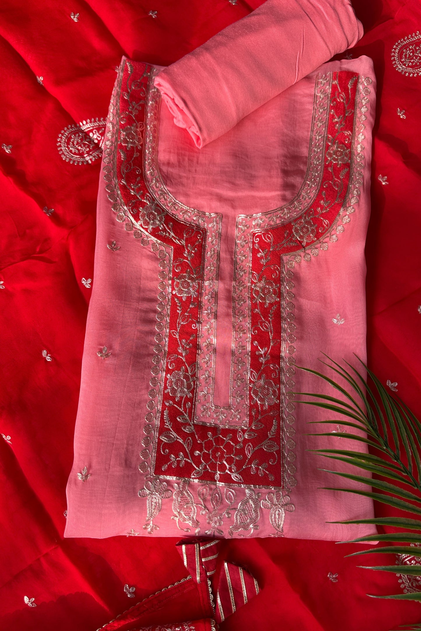 Pink Organza Pitta Work Unstitched Suit Set