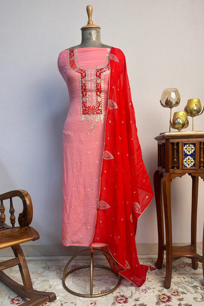 Pink Organza Pitta Work Unstitched Suit Set