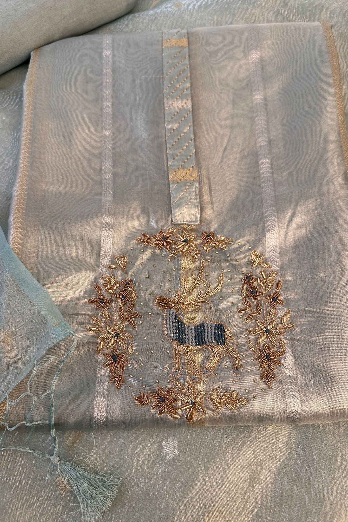 Powder Blue Banarasi Tissue Dear Hand Embroidered Unstitched Suit Set
