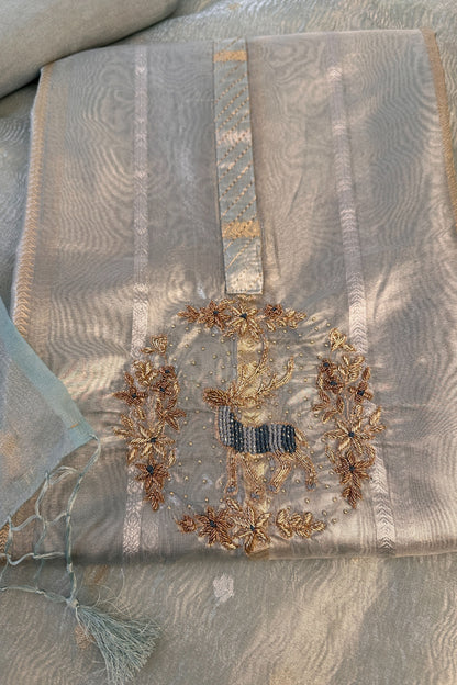 Powder Blue Banarasi Tissue Dear Hand Embroidered Unstitched Suit Set