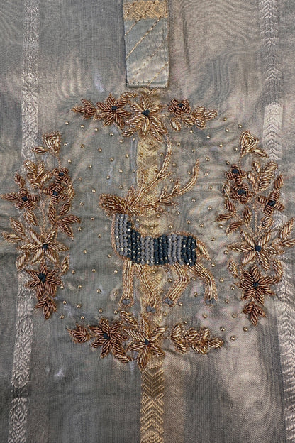 Powder Blue Banarasi Tissue Dear Hand Embroidered Unstitched Suit Set