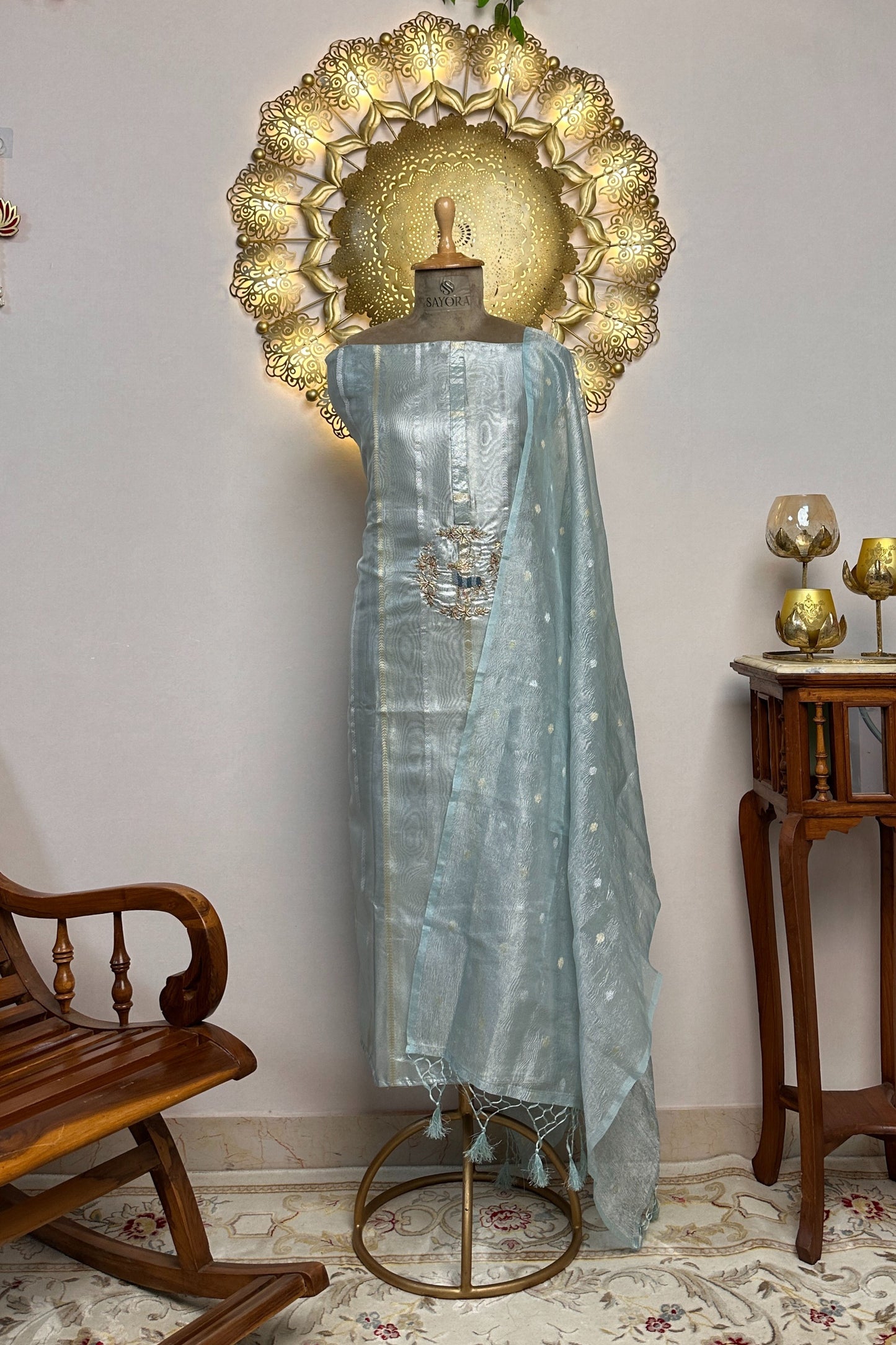 Powder Blue Banarasi Tissue Dear Hand Embroidered Unstitched Suit Set