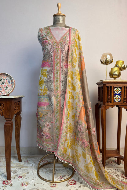 Pure Organza Dusty Pink Digital Printed Bead Work Hand Embroidered Unstitched Suit Set