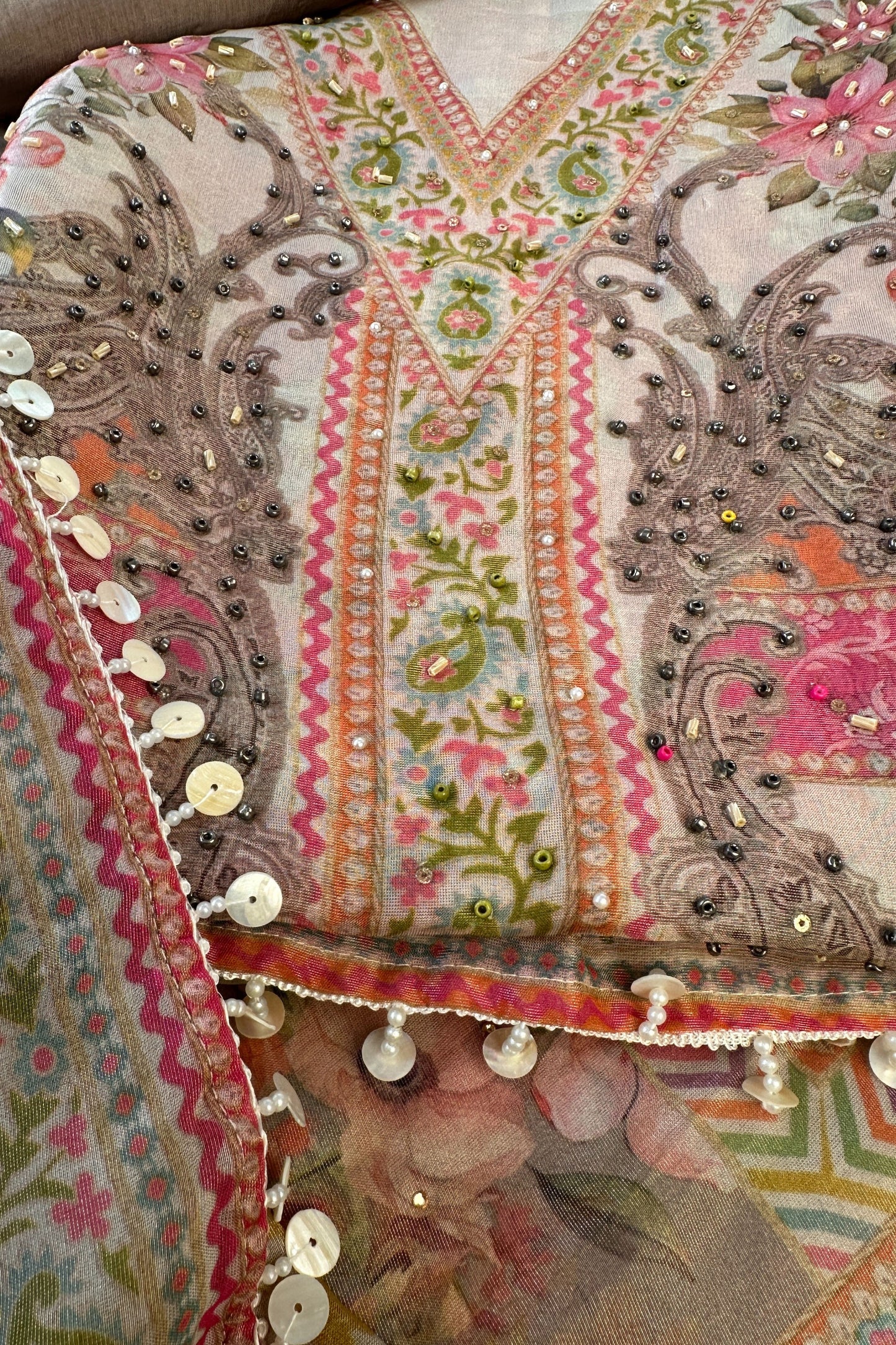 Pure Organza Dusty Pink Digital Printed Bead Work Hand Embroidered Unstitched Suit Set