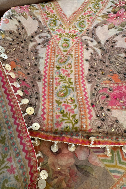 Pure Organza Dusty Pink Digital Printed Bead Work Hand Embroidered Unstitched Suit Set