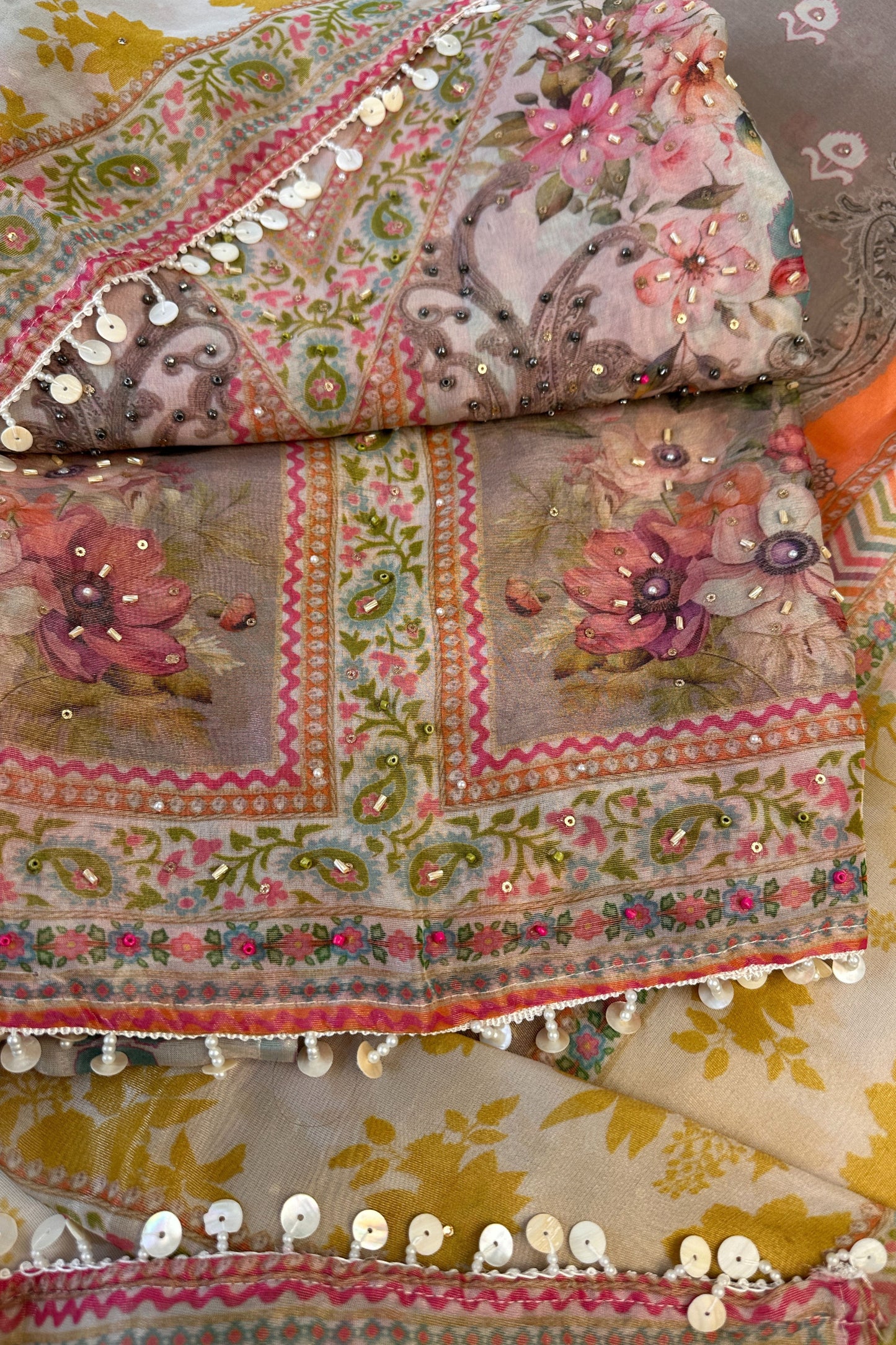 Pure Organza Dusty Pink Digital Printed Bead Work Hand Embroidered Unstitched Suit Set