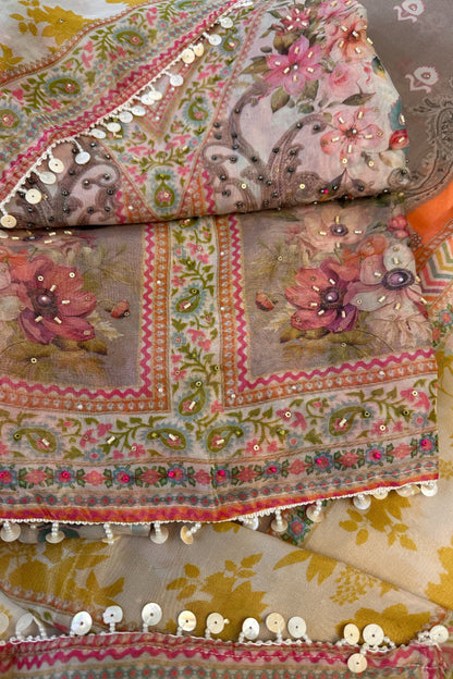 Pure Organza Dusty Pink Digital Printed Bead Work Hand Embroidered Unstitched Suit Set