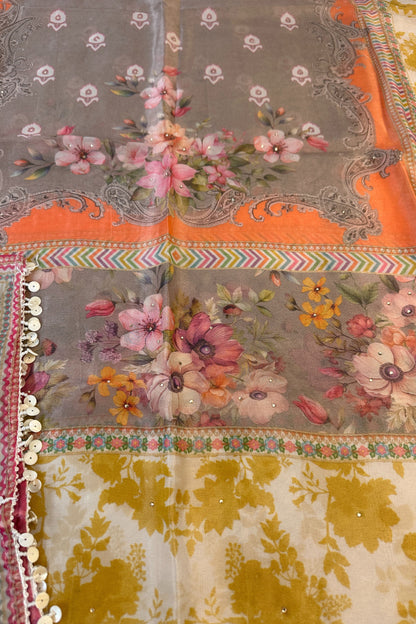 Pure Organza Dusty Pink Digital Printed Bead Work Hand Embroidered Unstitched Suit Set