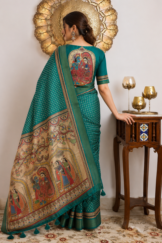 'Radha-Krishna' Madhubani Linen Saree with Stitched Designer Blouse